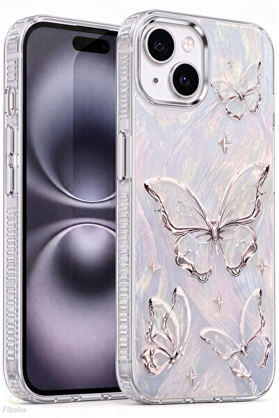Fibaks iPhone 13/14/15 Kılıf Tüylü Hologram Kelebek Desenli Darbe Emici Kamer...