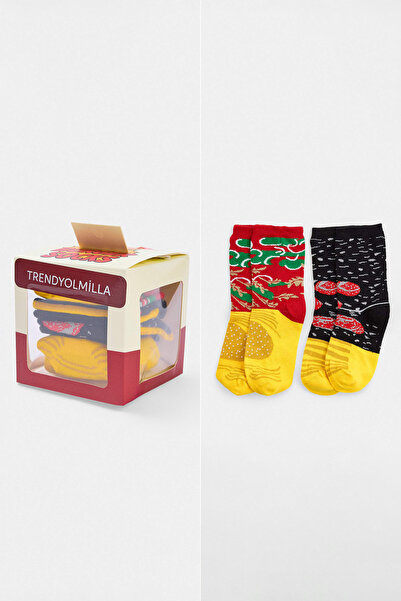 TRENDYOLKIDS Multicolored Unisex Hamburger Boxed Children's 2-Piece Socks Tkd...
