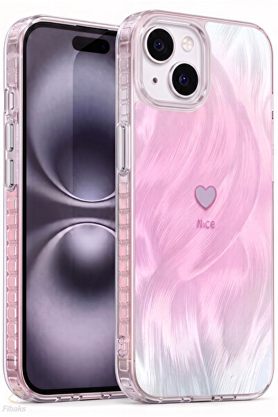 Fibaks iPhone 13/14/15 Kılıf Hologramlı Pembe Işıltı Minik Kalp Dalga Desenli...