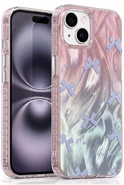 Fibaks iPhone 13/14/15 Kılıf Parlak Hologram Fiyonk Desenli Darbe Emici Kamer...
