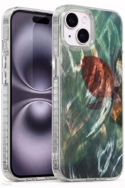Fibaks iPhone 13/14/15 Kılıf Hologramlı Caretta Kaplumbağa Desenli Darbe Emic...