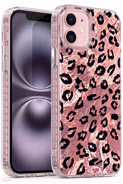 Fibaks iPhone 11 Kılıf Hologramlı Pembe Leopar Desenli Darbe Emici Kamera Kor...