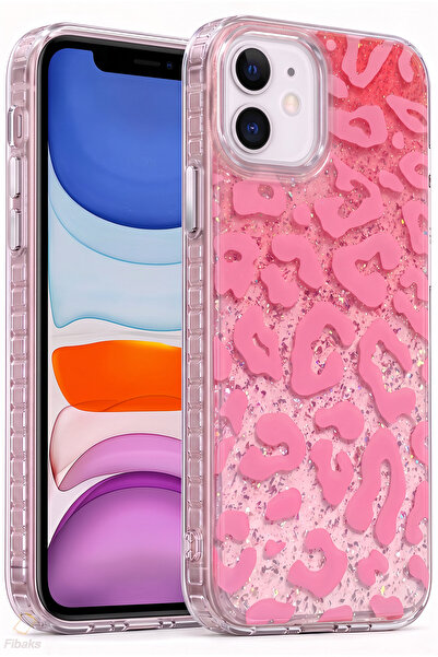 Fibaks iPhone 11 Kılıf Işıltılı Şeffaf Simli Pembe Leopar Desenli Premium Kam...