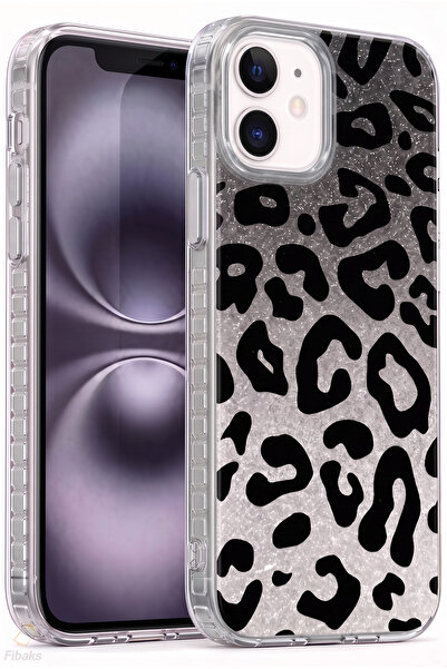 Fibaks Simli Leopar iPhone 11 Kılıf Glitter Leopard Şeffaf Telefon Kılıfı Sim...