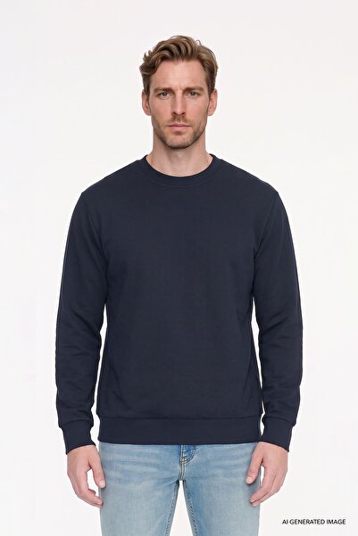 AC&Co / Altınyıldız Classics Erkek Lacivert Standart Fit Normal Kesim 2 İplik Pamuklu Bisiklet Yaka Sweatshirt