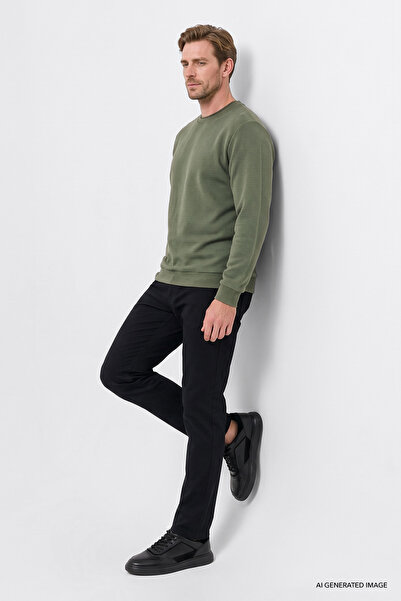 AC&Co / Altınyıldız Classics Erkek Haki 2 Iplik Dokulu Sıcak Tutan Standart Fit Normal Kesim Bisiklet Yaka Sweatshirt