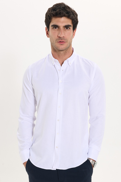 Tudors Erkek Slim Fit Dar Kesim Uzun Kollu Pamuklu Kolay Ütülenebilir Beyaz D...