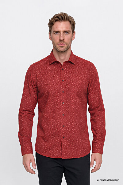 AC&Co / Altınyıldız Classics Erkek Kırmızı-Siyah Pamuklu Slim Fit Dar Kesim K...