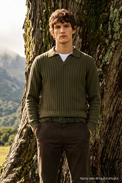 Tudors Men's Standard Fit Regular Cut Polo Collar Khaki Sweater