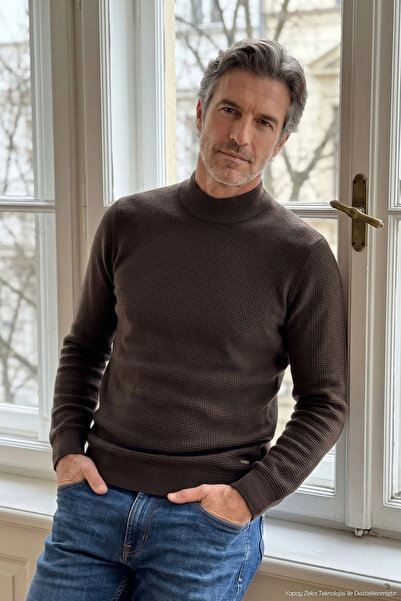 Çizgi Triko Men's Half Fisherman Brown Sweater Knitwear Embossed Knit Solid C...