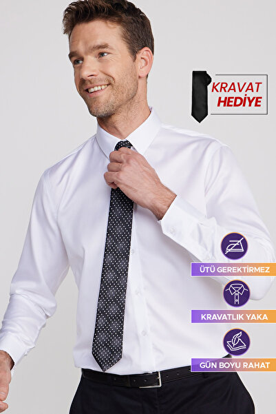 Tudors Slim Fit Beyaz Non-Iron %100 Pamuk Doğa Dostu Ekoteks Belgeli Gömlek