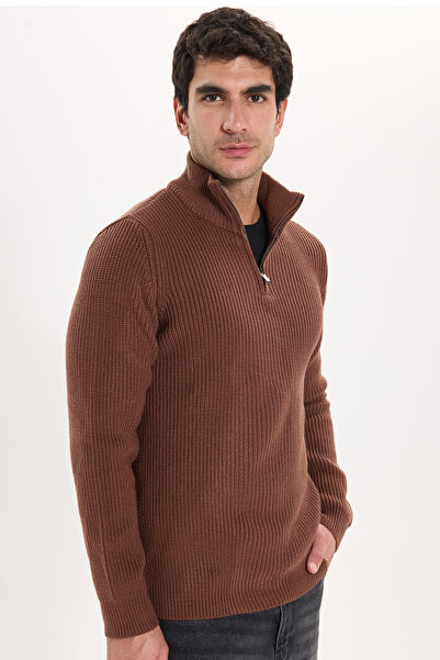Tudors Men's Slim Fit Zippered Brown Stand Collar Knitwear Sweater