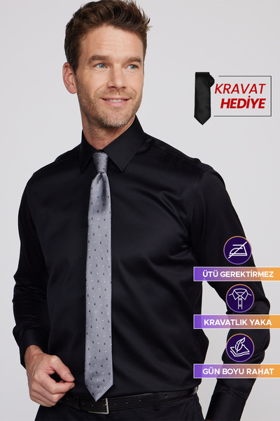 Tudors Regular Fit Siyah Non-Iron %100 Pamuk Doğa Dostu Ekoteks Belgeli Gömlek