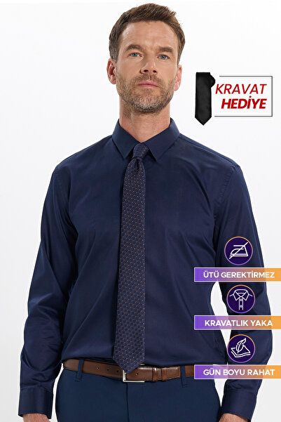 Tudors Erkek Slim Fit Non-Iron Uzun Kol Kravatlık Yaka Pamuklu Lacivert Gömlek