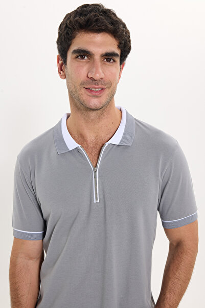 Tudors Erkek Slim Fit Dar Kesim %100 Pamuk Düz Pike Fermuarlı Gri Polo Yaka T...