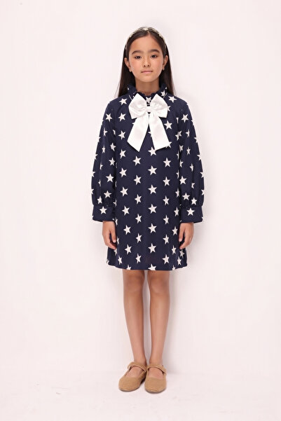 Le Mabelle Navy Blue Star Patterned Girl's Gabardine Dress - Poppy.