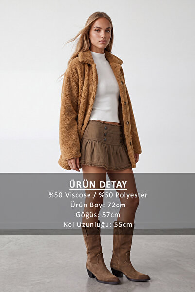 Trend Alaçatı Stili Women's Camel Double Pocket Front Buttoned Oversize Unlined Plush Jacket ALC-X11149