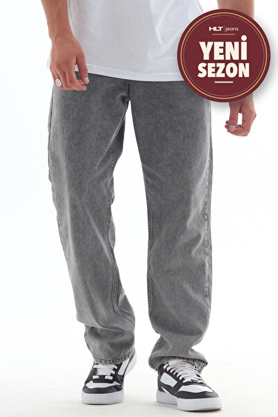 HLT JEANS Ανδρικό γκρι ίσιο/φαρδύ παντελόνι τζιν από 100% βαμβάκι, πλυμένο, H...