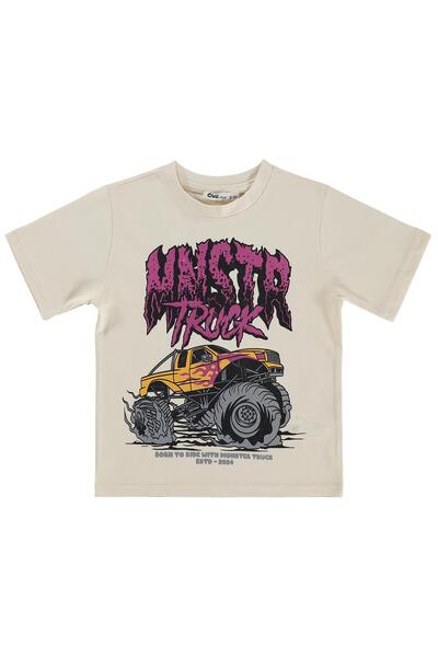 Civil Boys Mnstr Тениска с щампа на камион за 2-5 години - Екрю