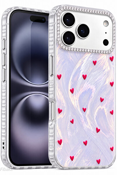 Fibaks iPhone 17 Pro Max/18 Pro Max Kılıf Işıltılı Aşk Serisi Taşlı Kamera Çe...