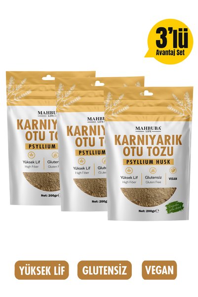 Mahbuba Life Karnıyarık Otu Tozu (Psyllium Husk) 3x200gr – Yüksek Lif - Glute...