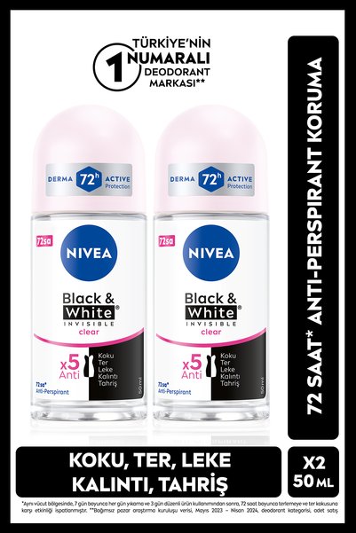 NIVEA Kadın Roll-on Deodorant Black&white Invisible Clear 50ml, 72 Saat Anti-...