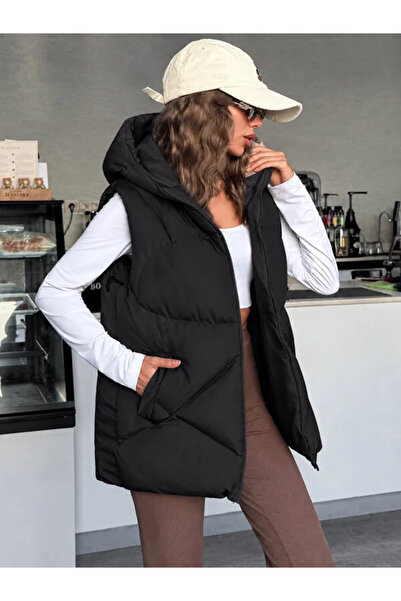 MİLANDORE Kadın Kapüşonlu Şişme Yelek Dikişli Cepli Oversize Spor Mont Yelek