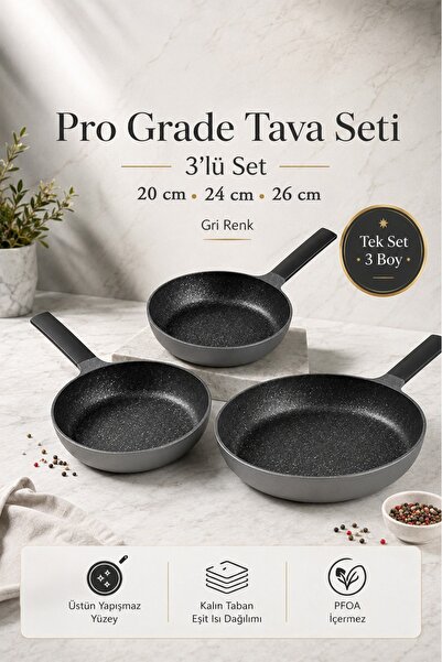 Aryıldız Pro Grade 3 'lü Döküm Granit Yapışmaz Tava Seti 20 - 24 - 26 Cm Gri