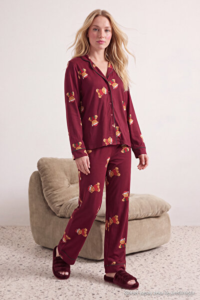 Trendyol Collection Teddy Bear Christmas-Themed Piped Knitted Pajama Set, 100...