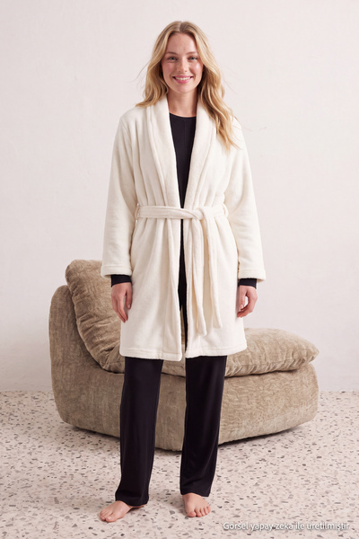 Trendyol Collection Ecru Belted Wellsoft Winter Knitted Robe Thmaw23Sb00000
