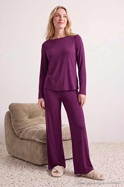 Trendyol Collection Mauve Collar Detail Waist Folded Knit Pajama Set THMAW26P...