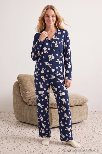 Trendyol Collection Navy Rabbit Patterned Viscose Woven Pajama Set THMAW21PT0048