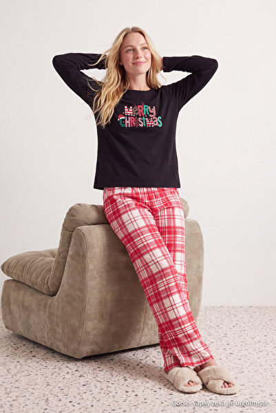 Trendyol Collection Black-Red Cotton Blend Christmas Themed Plaid Knitted Paj...