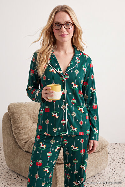 Trendyol Collection Green 100% Cotton Christmas-Themed Knitted Pajama Set THM...