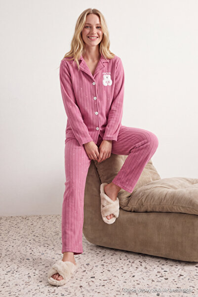 TRENDYOLMİLLA Gül Kurusu Puantiyeli Hayvan Baskılı Polar Kışlık Örme Pijama T...