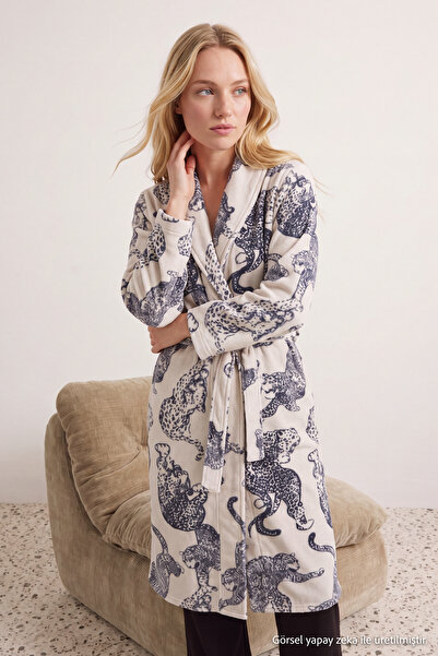 Trendyol Collection Colorful Belted Animal Print Fleece Winter Knitted Robe T...