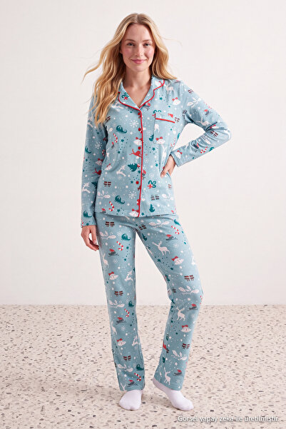 TRENDYOLMİLLA Turkuaz %100 Pamuklu Kış Yılbaşı Temalı Örme Pijama Takımı THMA...