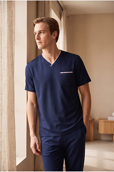 Katia&Bony Men's Silver Pocketed Short Sleeve Pajama Top Navy Blue