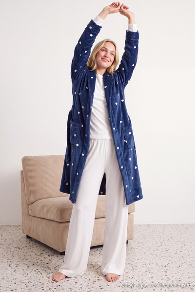 Trendyol Collection Navy Blue Belted Heart Pocket and Hood Detailed Fleece Wi...