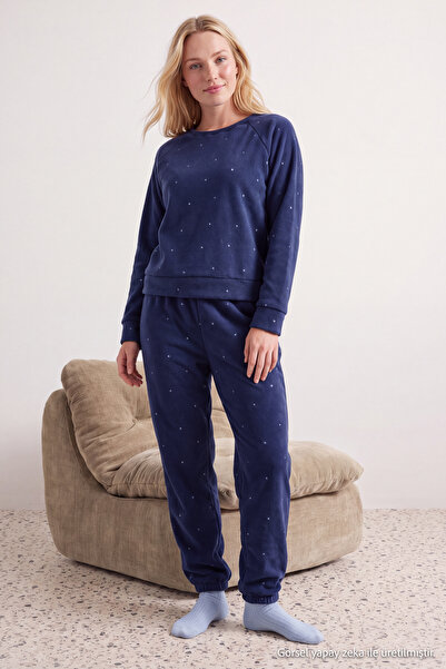 Trendyol Collection Navy Blue Polka Dot Fleece Winter Knitted Pajama Set THMA...