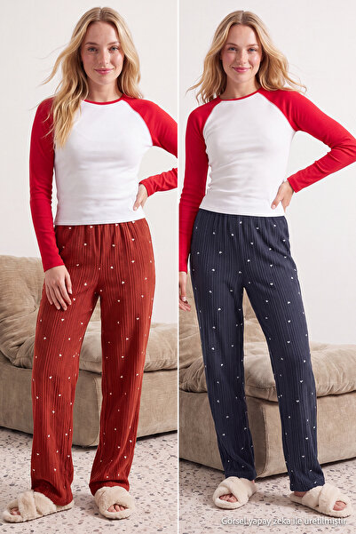 Trendyol Collection Tile Anthracite 2-Pack Heart Fleece Winter Knitted Pajama...