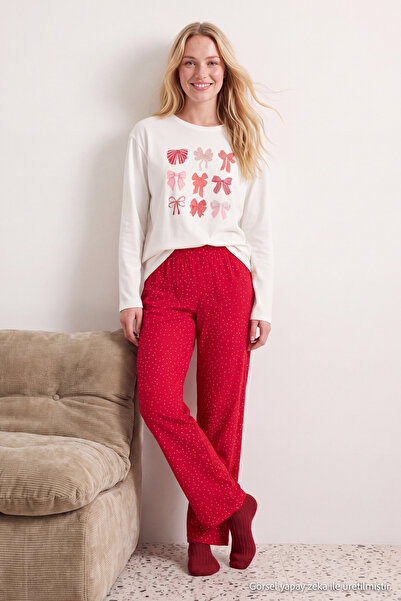 TRENDYOLMİLLA Beyaz %100 Pamuklu Kurdele/Fiyonklu ve Puantiyeli Örme Pijama T...