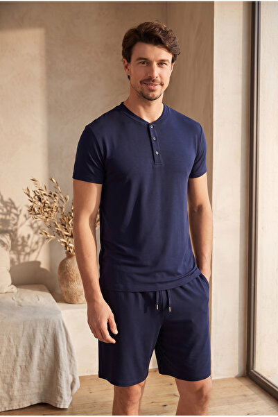 Katia&Bony Men's Silver Buttoned Pajama Top Navy Blue