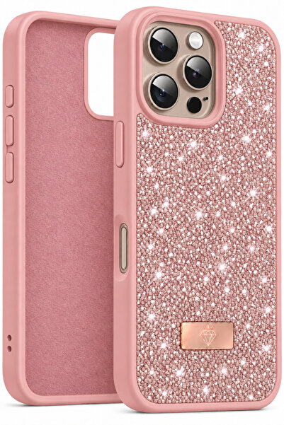Fibaks iPhone 16 Pro Kılıf Içi Kadife Elmas (Jelatini Sökünüz) Tasarımlı Pemb...
