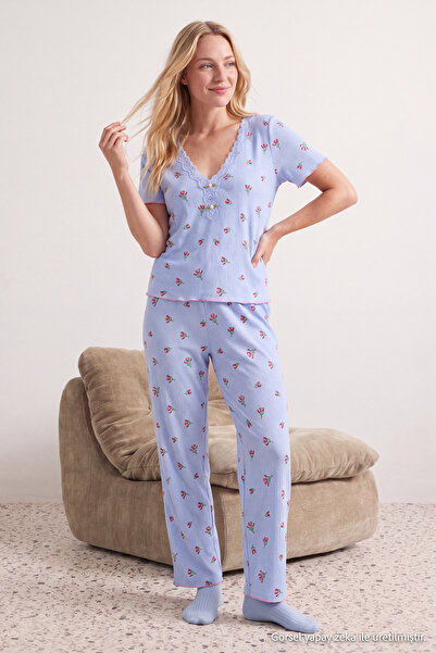 Trendyol Collection Blue Floral Lace Detailed Crinkled Textured Knit Pajama S...