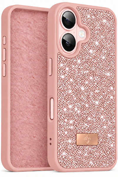 Fibaks iPhone 16 Kılıf Içi Kadife Elmas (Jelatini Sökünüz) Tasarımlı Pembe Ta...