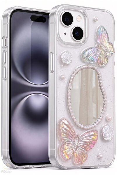 Fibaks iPhone 13/14/15 Kılıf 3D Kelebek Gül Desenli Aynalı Simli Şeffaf Tasar...