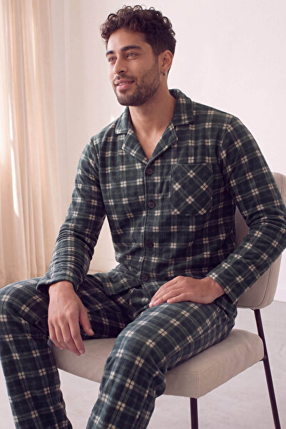 Pijamaevi Black Salmon Plaid Patterned Front Buttoned Elegant Men's Pajama Set