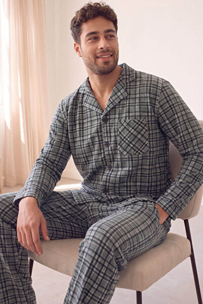Pijamaevi Gray Plaid Patterned Front Buttoned Elegant Men's Pajama Set