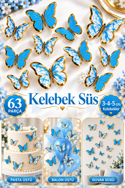 Huzur Party Store 63 Adet Kelebek Pasta ve Balon Zinciri Süsü Mavi 4-6 Cm Par...